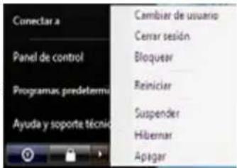 Conectar a Panel de control Programas predetermino Ayuda y soporte técnico Cambier de usuario Cerrar sesión Bloqueer Reiniciar Suspender Hibernar Apagar