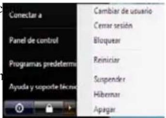 Conectar a Panel de control Programas predetermina Ayuda y suporte técnico Cambiar de usuario Cerrar sesión Bloquear Reiniciar Suspender Hibernar Apagar