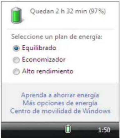 Quedan 2 h 32 min (97%) Seleccione un plan de energía: Equilibrado Economizador Alto rendimiento Aprenda a ahorrar energía Más opciones de energía Centro de movilidad de Windows 1:50