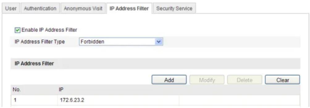 Hikvision DS-2CD2F42FWD-I(4MM) - Configuration> Advanced Configuration> Security > IP Address Filter - 1