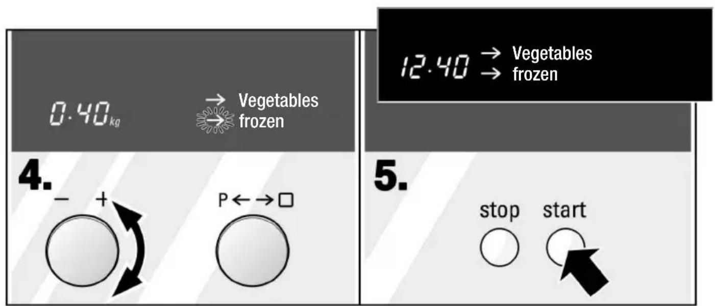 0.40 kg → Vegetables → frozen 12:40 → Vegetables → frozen 4. - + P ← → □ 5. stop start
