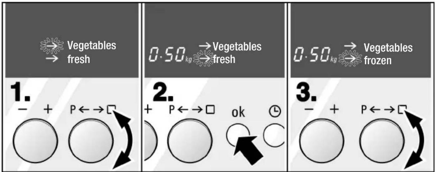 → Vegetables → fresh 0.50 → Vegetables → fresh 0.50 → Vegetables → frozen 1. - + P ← → □ 2. + P ← → □ ok 3. - + P ← → □