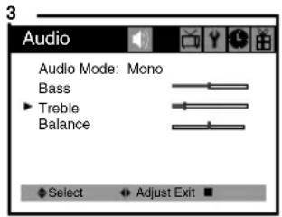 Audio Audio Mode: Mono Bass Treble Balance Select Adjust Exit