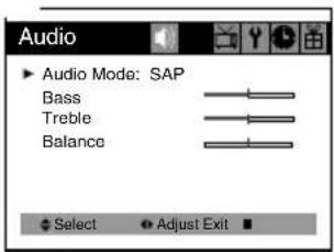 Audio ▶ Audio Mode: SAP Bass Treble Balance Select Adjust Exit ■