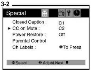 Special Closed Caption : C1 ► CC on Mute : C2 Power Restore : Off Parental Control Ch Labels : ◆To Press Select ▼Adjust Next ■