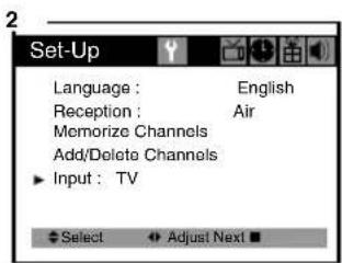Set-Up Language : English Reception : Air Memorize Channels Add/Delete Channels Input : TV Select Adjust Next
