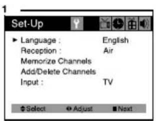 Set-Up Language : English Reception : Air Memorize Channels Add/Delete Channels Input : TV Select Adjust Next