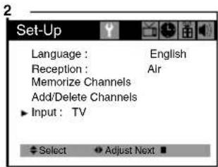Set-Up Language : English Reception : Air Memorize Channels Add/Delete Channels Input : TV Select Adjust Next