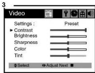 Video Settings : Preset Contrast Brightness Sharpness Color Tint Select Adjust Next