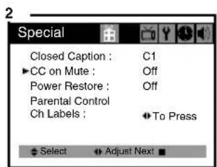 Special Closed Caption : C1 ►CC on Mute : Off Power Restore : Off Parental Control Ch Labels : To Press Select Adjust Next ■