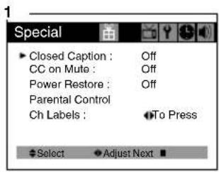 Special ► Closed Caption : Off CC on Mute : Off Power Restore : Off Parental Control Ch Labels : To Press ► Select ► Adjust Next ■