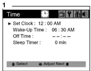1 Time ▶ Set Clock : 12 : 00 AM Wake-Up Time : 06 : 30 AM Off Time : -- : -- Sleep Timer : 0 min Select Adjust Next ■