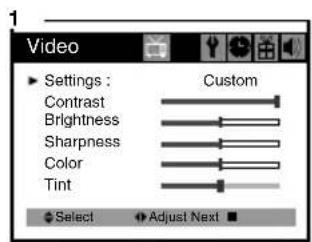 Video Settings : Custom Contrast Brightness Sharpness Color Tint Select Adjust Next
