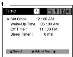 Time ▶ Set Clock : 12 : 00 AM Wake-Up Time : 06 : 30 AM Off Time : 11 : 30 PM Sleep Timer : 0 mln ▶ Select ▼ Adjust Next ■