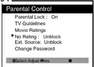 Parental Control Parental Lock : On TV Guidelines Movie Ratings ►No Rating : Unblock Ext. Source: Unblock Change Password Select Adjust Prev.