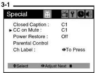 Special Closed Caption : C1 ► CC on Mute : C1 Power Restore : Off Parental Control Ch Label : ◆To Press Select Adjust Next ■