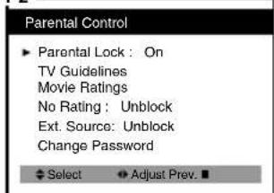 Parental Control ► Parental Lock : On TV Guidelines Movie Ratings No Rating : Unblock Ext. Source: Unblock Change Password Select Adjust Prev.