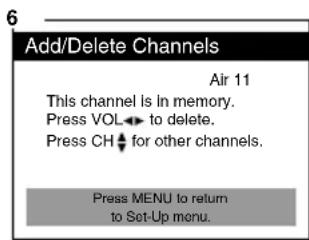 Add/Delete Channels Air 11 This channel is in memory. Press VOL← to delete. Press CH← for other channels. Press MENU to return to Set-Up menu.