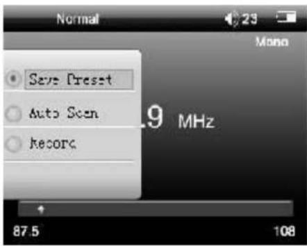 Normal Save Preset Auto Scen Record Mono .9 MHz 87.5 108