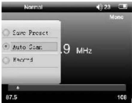 Normal Save Preset Auto Scan Record .9 MHz 87.5 106 Mono