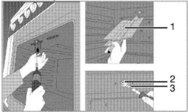 Diagram showing three-step installation of a window with labeled parts, likely for architectural or engineering documentation.
