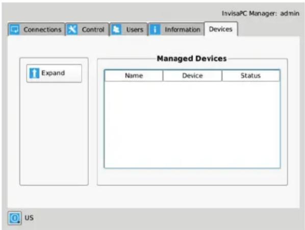 InvisaPC Manager: admin Connections Control Users Information Devices Expanded Managed Devices Name Device Status US