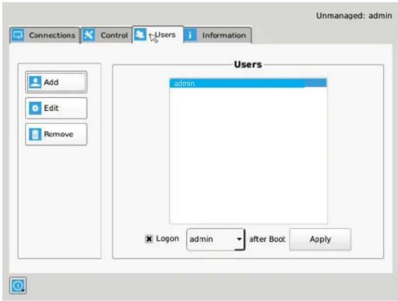 Unmanaged: admin Connections Control Users Information Users admin Logon admin after Boot Apply