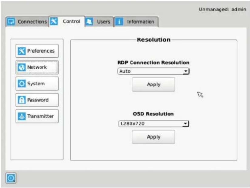 Unmanaged: admin Connections Control Users Information Preferences Network System Password Transmitter Resolution RDP Connection Resolution Auto Apply OSD Resolution 1280x720 Apply