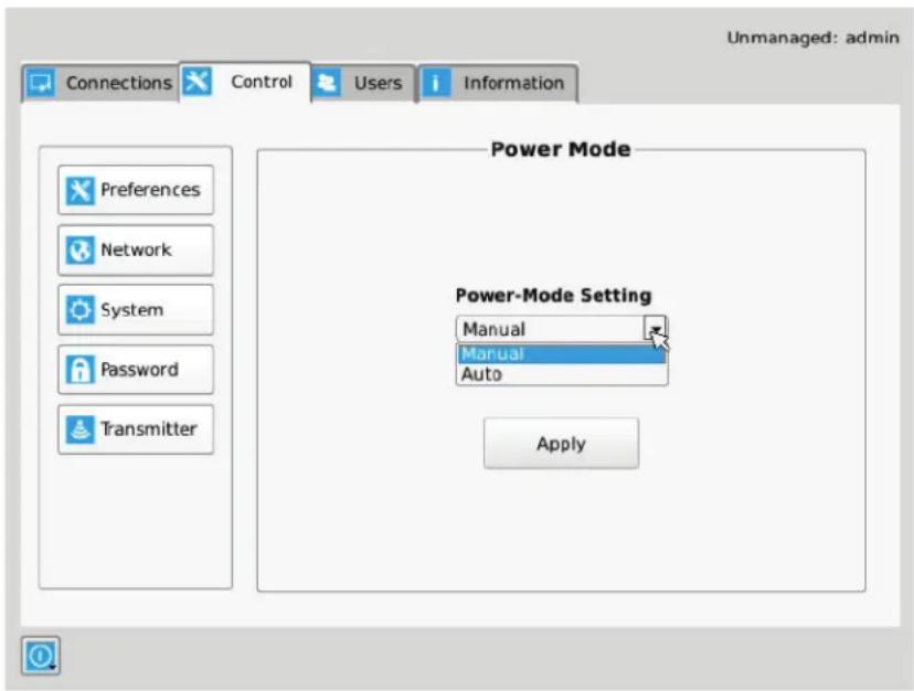 Unmanaged: admin Connections Control Users Information Power Mode Preferences Network System Password Transmitter Power-Mode Setting Manual Manual Auto Apply