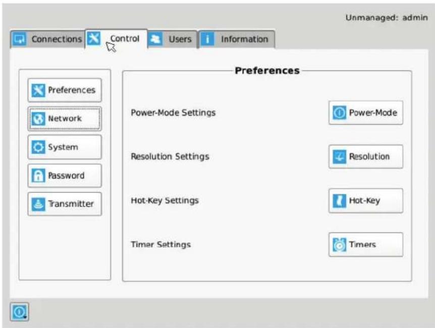 Unmanaged: admin Connections Control Users Information Preferences Power-Mode Settings Power-Mode Resolution Settings Resolution Hot-Key Settings Hot-Key Timer Settings Timers