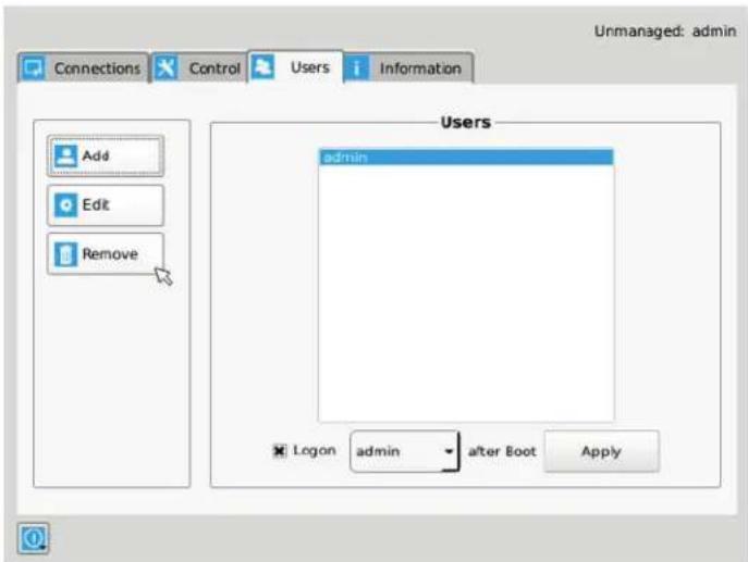 Unmanaged: admin Connections Control Users Information Add Edit Remove Users admin Logon admin after Boot Apply