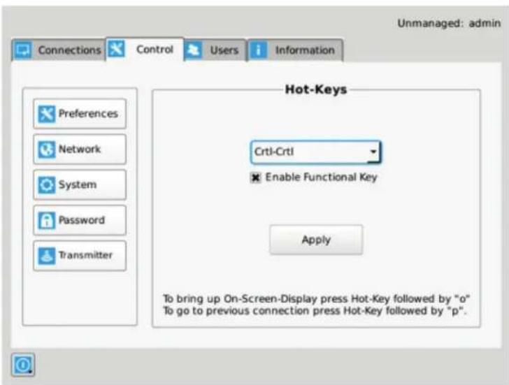 Unmanaged: admin Connections Control Users Information Hot-Keys Crtl-Crtl Enable Functional Key Apply To bring up On-Screen-Display press Hot-Key followed by "o" To go to previous connection press Hot-Key followed by "p".