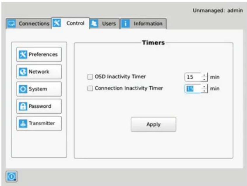 Unmanaged: admin Connections Control Users Information Timers Preferences Network System Password Transmitter OSD Inactivity Timer 15 min Connection Inactivity Timer min Apply