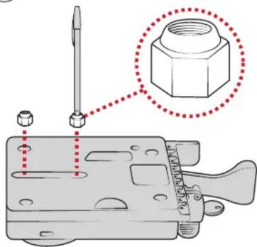 Technical diagram showing a screwdriver inserted into a mechanical clamp with a magnified inset highlighting the bolt hole detail.