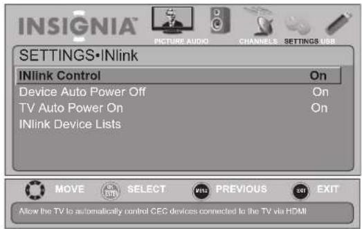 INSIGNIA NS-19E450WA11 - To turn INlink on or off: - 3