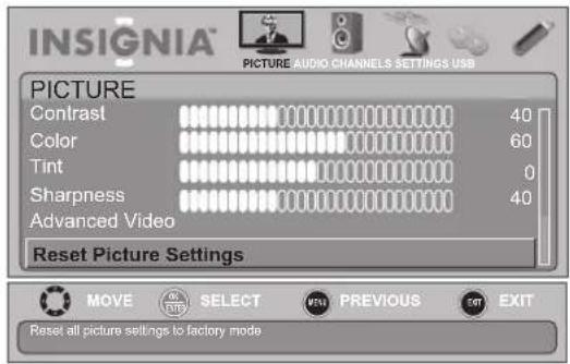 INSIGNIA NS-19E450WA11 - To adjust the TV picture: - 3