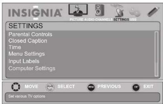 INSIGNIA NS-19E450WA11 - SETTINGS menu (TV mode) - 1