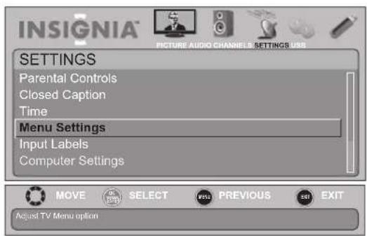 INSIGNIA NS-19E450WA11 - To select the menu language and transparency: - 2