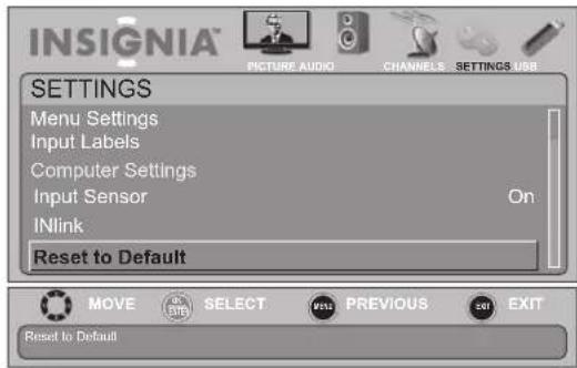 INSIGNIA NS-19E450WA11 - To restore settings to the defaults: - 2