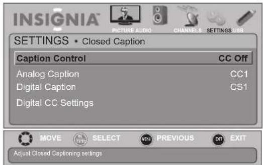 INSIGNIA NS-19E450WA11 - To turn closed captioning on or off: - 3