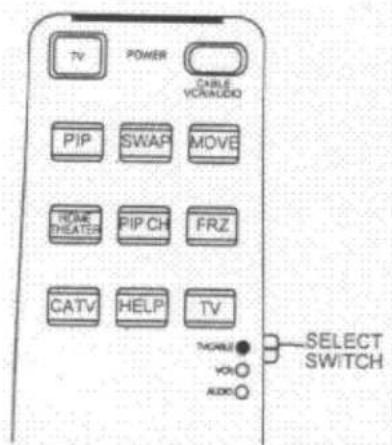 TV POWER CABLE VCA/AVOCO PIP SWAP MOVE RAME THEATER PIP CH FRZ CATV HELP TV THOLE VOL AUDIO SELECT SWITCH