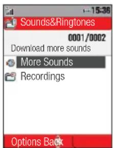 Sounds&Ringtones 0001/0002 Download more sounds More Sounds Recordings Options Back