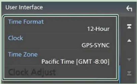 User Interface Time Format 12-Hour Clock GPS-SYNC Time Zone Pacific Time [GMT -8:00] Clock Adjust