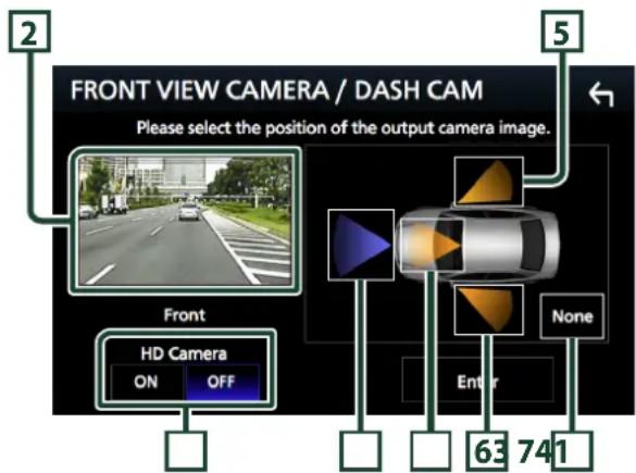 FRONT VIEW CAMERA / DASH CAM Please select the position of the output camera image. Front HD Camera ON OFF 63 741 None