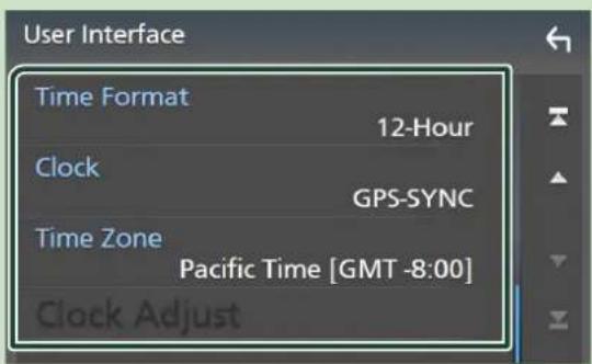 User Interface Time Format 12-Hour Clock GPS-SYNC Time Zone Pacific Time [GMT -8:00] Clock Adjust