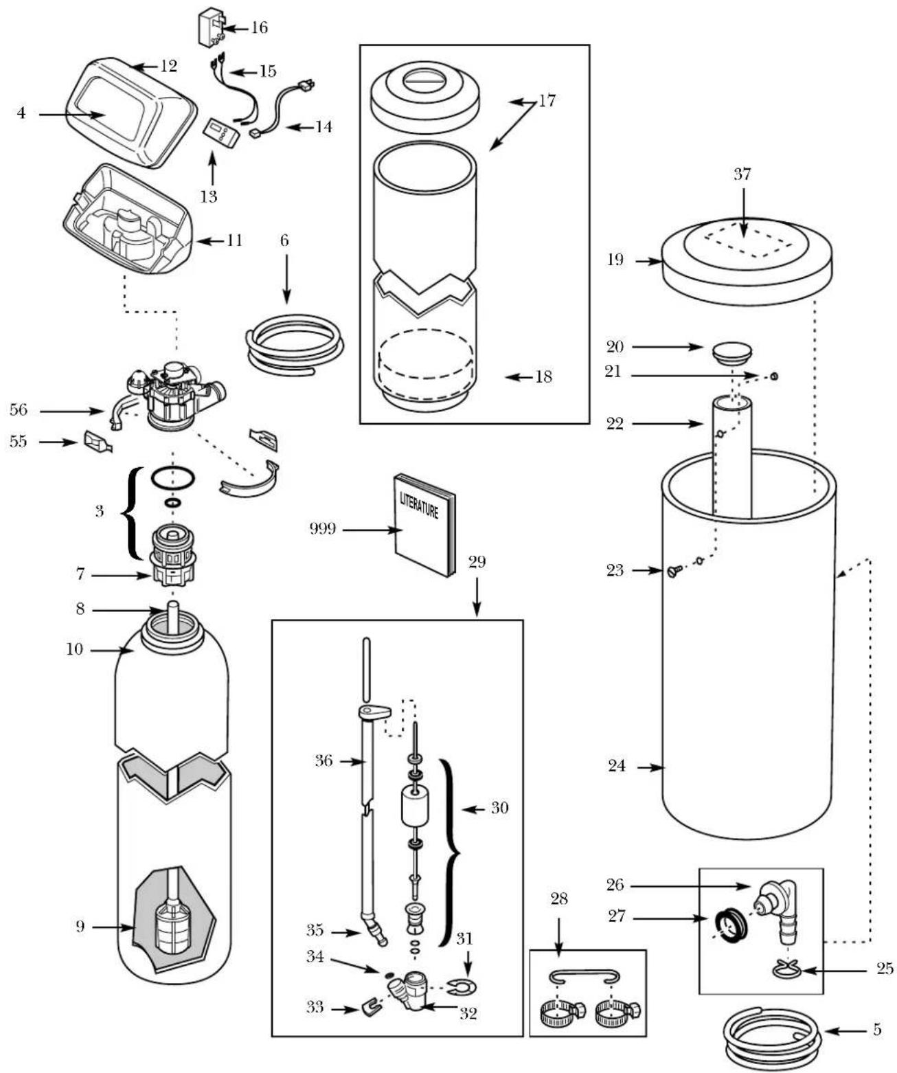 Exploded diagram of a gas storage or cleaning system with numbered components and labeled parts