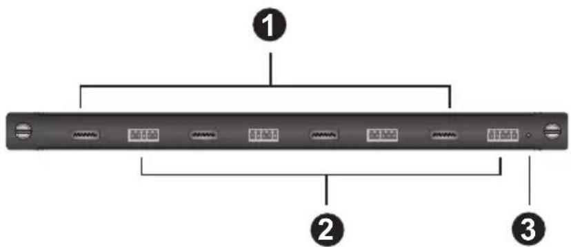 Diagram of a rack-mounted server with labeled ports and indicator lights