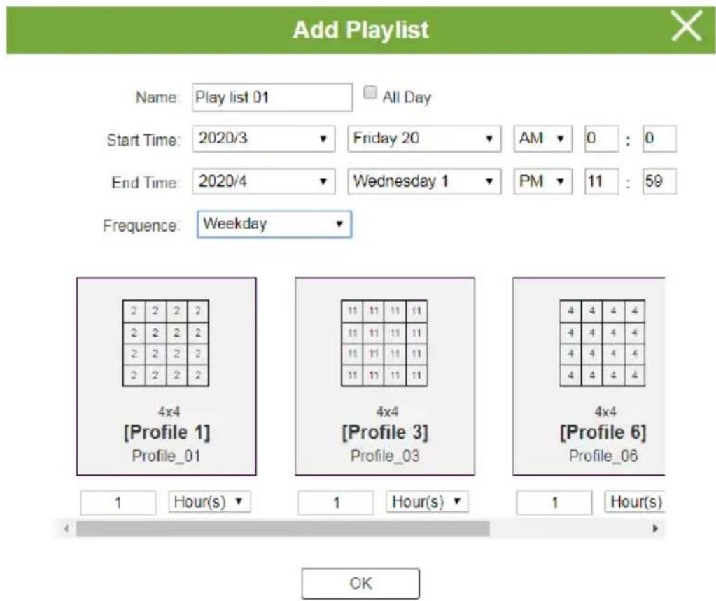Add Playlist Name: Play list 01 All Day Start Time: 2020/3 ▼ Friday 20 ▼ AM ▼ 0 : 0 End Time: 2020/4 ▼ Wednesday 1 ▼ PM ▼ 11 : 59 Frequency: Weekday ▼ 4x4 [Profile 1] Profile_01 1 Hour(s) ▼ 1 Hour(s) ▼ 4x4 [Profile 3] Profile_03 4x4 [Profile 6] Profile_06 1 Hour(s) ▼ OK