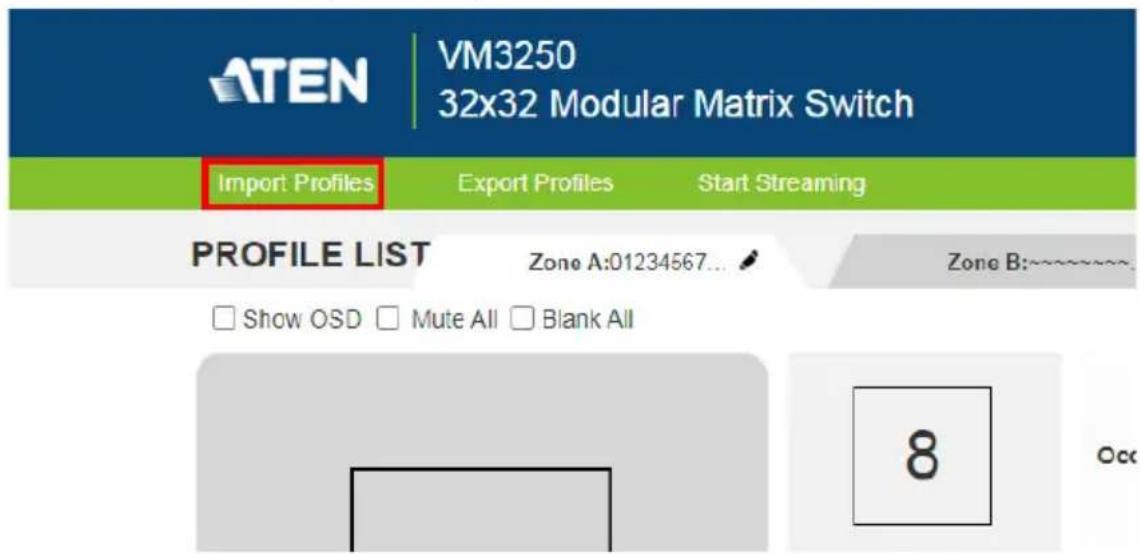 ATEN VM3250 32x32 Modular Matrix Switch Import Profiles Export Profiles Start Streaming PROFILE LIST Zone A:01234567... Zone B:------------------ □ Show OSD □ Mute All □ Blank All 8 Occ