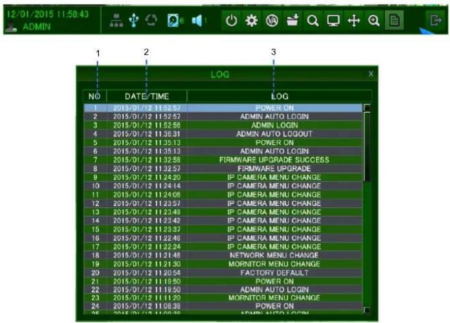12/01/2015 11:58:43 ADMIN LOG NO DATE/TIME LOG 1 2015/01/12 11:52:57 POWER ON 2 2015/01/12 11:52:57 ADMIN AUTO LOGIN 3 2015/01/12 11:52:56 ADMIN LOGIN 4 2015/01/12 11:36:31 ADMIN AUTO LOGOUT 5 2015/01/12 11:35:13 POWER ON 6 2015/01/12 11:35:13 ADMIN AUTO LOGIN 7 2015/01/12 11:32:58 FIRMWARE UPGRADE SUCCESS 8 2015/01/12 11:32:57 FIRMWARE UPGRADE 9 2015/01/12 11:24:20 IP CAMERA MENU CHANGE 10 2015/01/12 11:24:14 IP CAMERA MENU CHANGE 11 2015/01/12 11:24:06 IP CAMERA MENU CHANGE 12 2015/01/12 11:23:57 IP CAMERA MENU CHANGE 13 2015/01/12 11:23:49 IP CAMERA MENU CHANGE 14 2015/01/12 11:23:42 IP CAMERA MENU CHANGE 15 2015/01/12 11:23:37 IP CAMERA MENU CHANGE 16 2015/01/12 11:22:46 IP CAMERA MENU CHANGE 17 2015/01/12 11:22:24 IP CAMERA MENU CHANGE 18 2015/01/12 11:21:46 NETWORK MENU CHANGE 19 2015/01/12 11:21:30 MORNITOR MENU CHANGE 20 2015/01/12 11:20:54 FACTORY DEFAULT 21 2015/01/12 11:19:50 POWER ON 22 2015/01/12 11:19:50 ADMIN AUTO LOGIN 23 2015/01/12 11:18:20 MORNITOR MENU CHANGE 24 2015/01/12 11:08:38 POWER ON 25 2015/01/12 11:08:38 ADMIN AUTO LOGIN